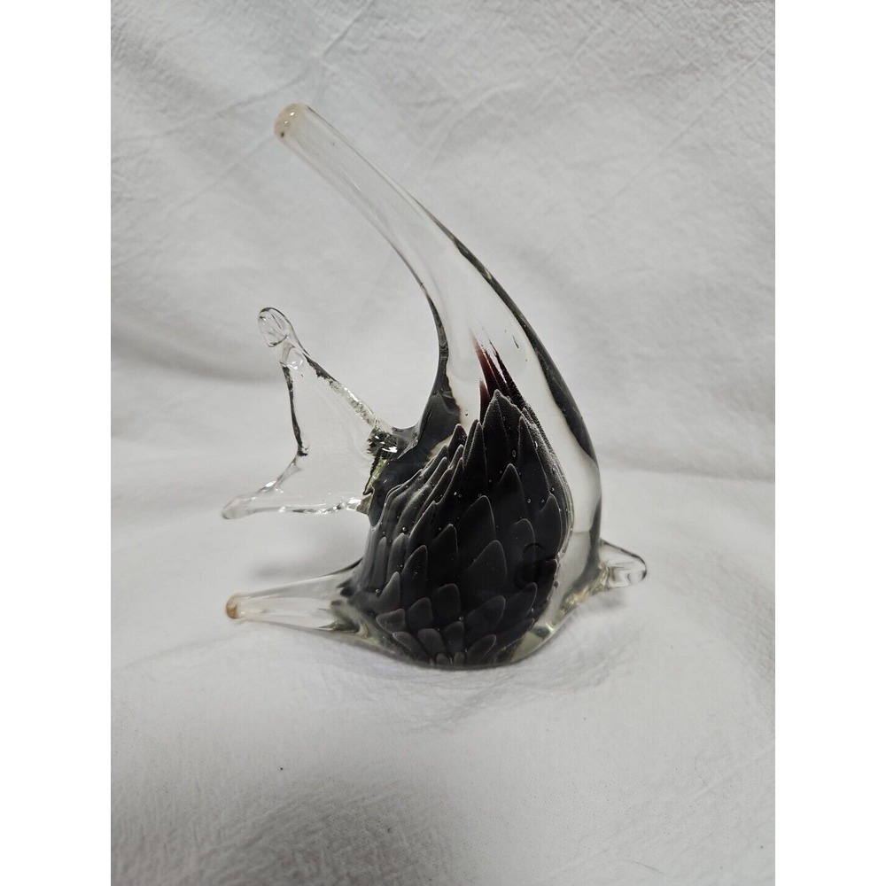 Art Glass Fish Paperweight Figure Black Gray Clear Bubbles Scales Hand Blown